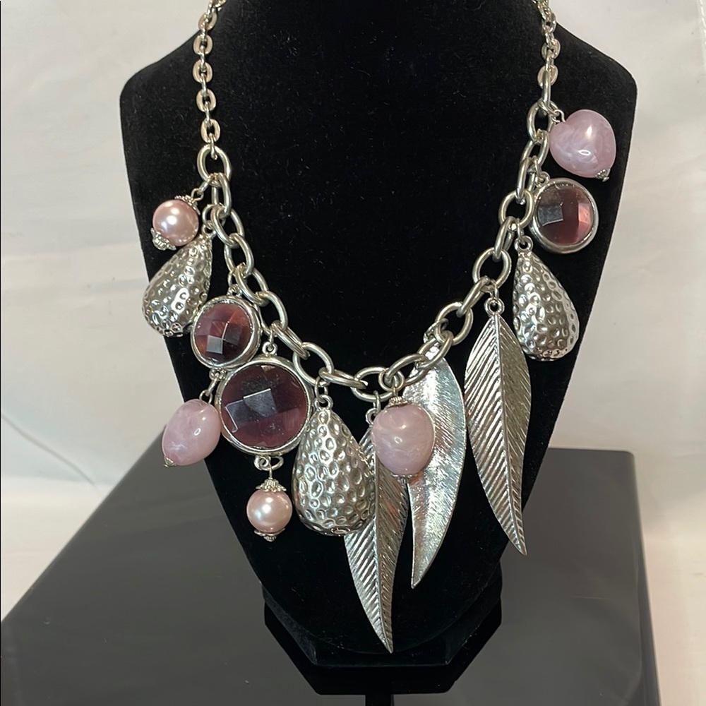 Bohemian Silver and Pink Chunky Charm Necklace
